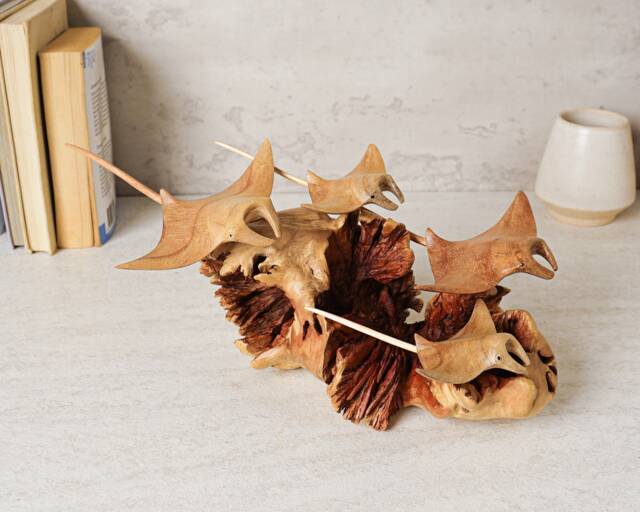 Manta Ray Family Sculpture, Coral Reef, Parasite Wood Statue, Figurine, Fish, Burl Wood, Home Decor, Decoration, Unique Gift For Mom - image 1
