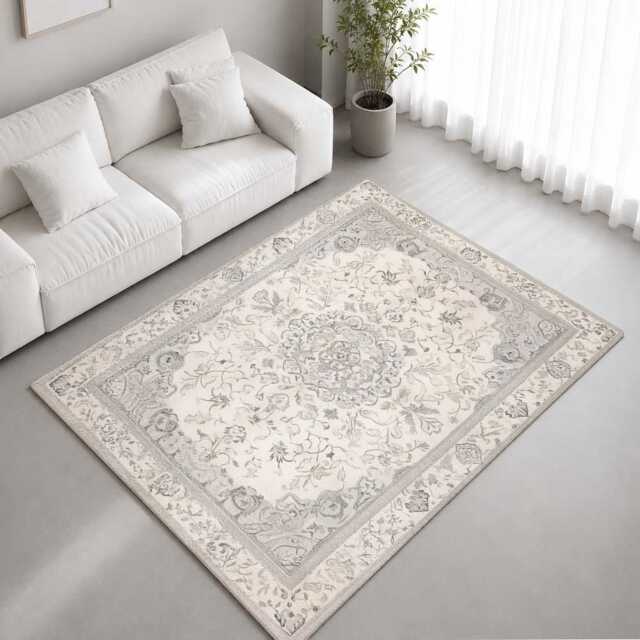 Ivory Grey Faded Floral Medallion Pattern Rug Non-Slip Soft Area Carpet Bedroom Living Room Hallway Mat Decor - Made in UK - image 1