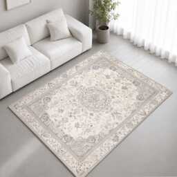 Ivory Grey Faded Floral Medallion Pattern Rug Non-Slip Soft Area Carpet Bedroom Living Room Hallway Mat Decor - Made in UK