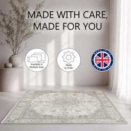 Ivory Grey Faded Floral Medallion Pattern Rug Non-Slip Soft Area Carpet Bedroom Living Room Hallway Mat Decor - Made in UK - thumbnail 2