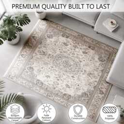 Ivory Grey Faded Floral Medallion Pattern Rug Non-Slip Soft Area Carpet Bedroom Living Room Hallway Mat Decor - Made in UK - thumbnail 3