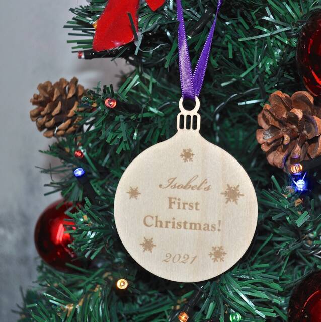 Personalised Wooden Baby's First Christmas Decoration Bauble - image 1