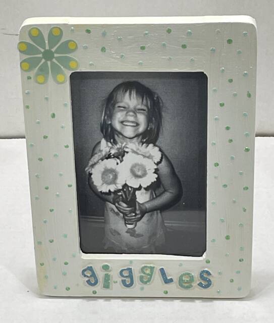 White Giggles Too 4 X 6 Picture Frame With Green Blue Glitter Dots & Flower - image 1