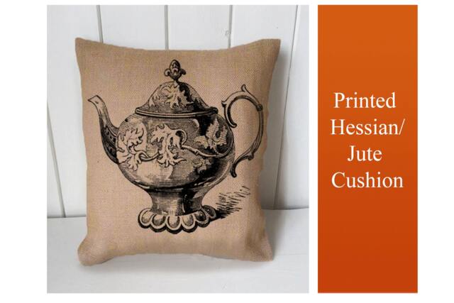Tea Pot Vintage - Cushion Fabric Panel Or Case Or With Filling Rustic Natural Jute Burlap Hessian
