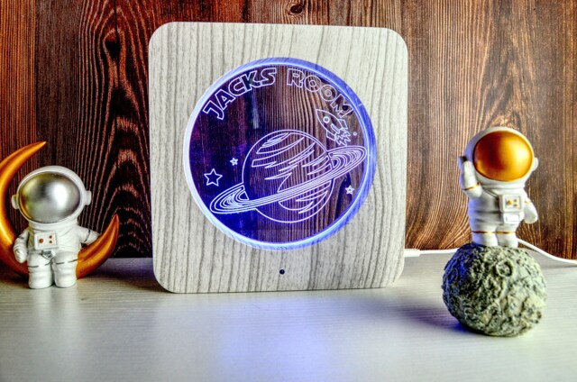 Personalized Space Rocket Led Night Light Wood Effect Kids Room Decor - image 1