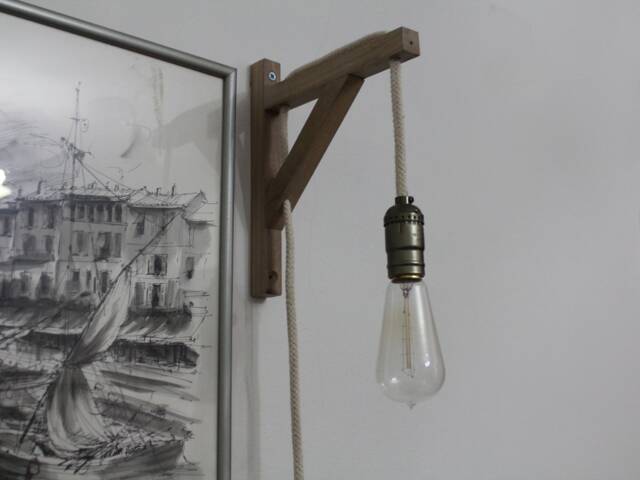 Rustic Wall Sconce Wood Lamp Lighting With Rope Light Fixture Handmade Wooden Walnut - image 1