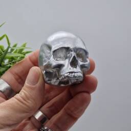 Silver Effect Solid Tiny Human Half Skull Ornament. Small Replica Plaster Of Paris Skull - thumbnail 2