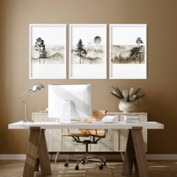 Office Decor Set X 3 Wall Art Prints, Home Japanese Art, Calming Zen Wall Decor, Japandi Illustration Living Room Minimalist - thumbnail 1