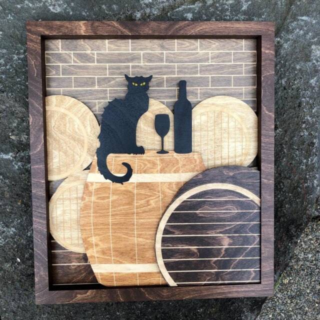 Le Chat De Vin Wood Art - Handmade Black Cat, Wine Barrel, Winery Wall Decor - image 1