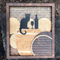 Le Chat De Vin Wood Art - Handmade Black Cat, Wine Barrel, Winery Wall Decor - thumbnail 2