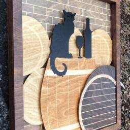 Le Chat De Vin Wood Art - Handmade Black Cat, Wine Barrel, Winery Wall Decor - thumbnail 3