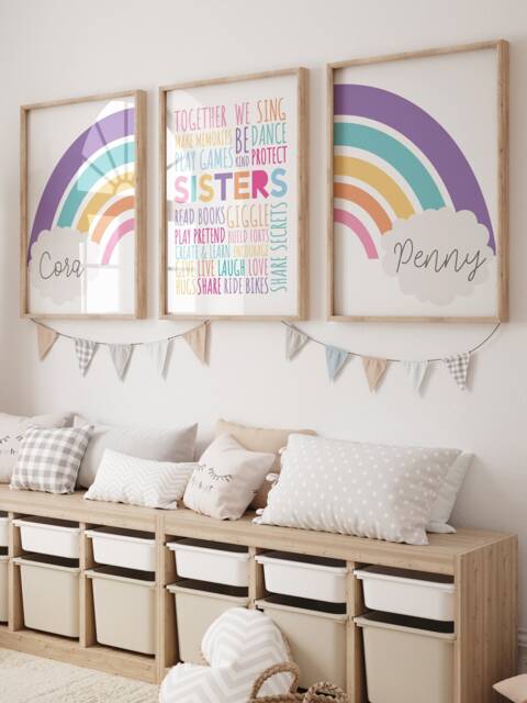 Set Of 3, Girls Bedroom Decor, Sister Wall Art, Big Sis Lil Sis, Shared Bedroom, Playroom, Siblings Rainbow Print - image 1