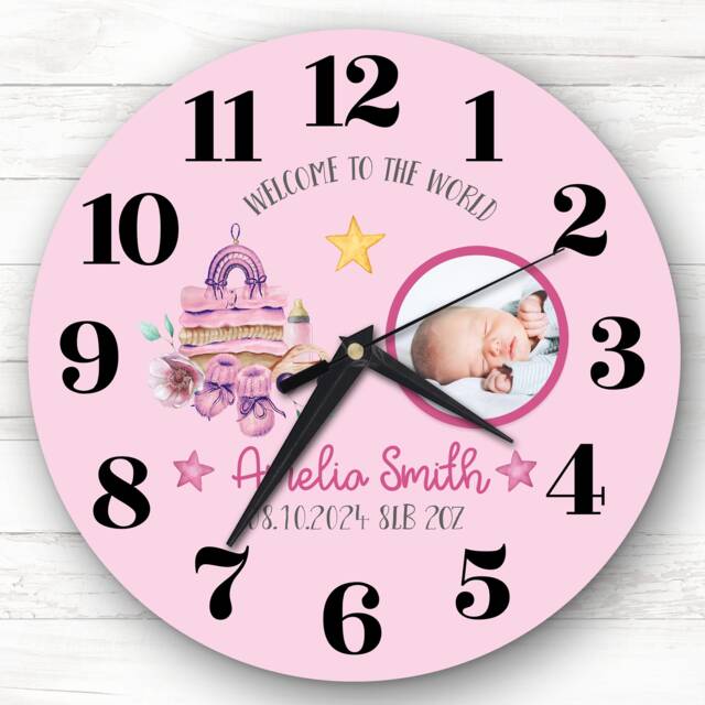 New Baby Girl Pink Photo Personalised Gift Clock - image 1