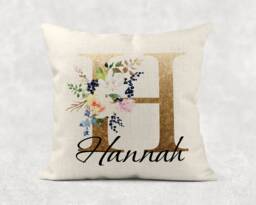 Personalised Initial & Name , Gold Floral Linen Cushion . Girls/Mum/Nan Birthday Gift