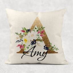 Personalised Initial & Name , Gold Floral Linen Cushion . Girls/Mum/Nan Birthday Gift - thumbnail 4