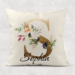 Personalised Initial & Name , Gold Floral Linen Cushion . Girls/Mum/Nan Birthday Gift - thumbnail 3