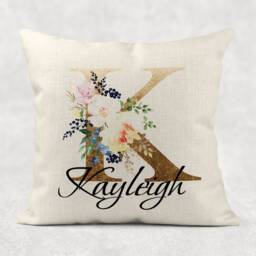 Personalised Initial & Name , Gold Floral Linen Cushion . Girls/Mum/Nan Birthday Gift - thumbnail 2