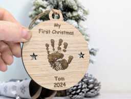 Personalised Oak Baby Handprint Bauble - Baby's First Christmas Ornament Custom Keepsake New Parents Wood Decoration - thumbnail 1