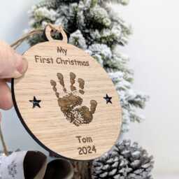 Personalised Oak Baby Handprint Bauble - Baby's First Christmas Ornament Custom Keepsake New Parents Wood Decoration - thumbnail 2