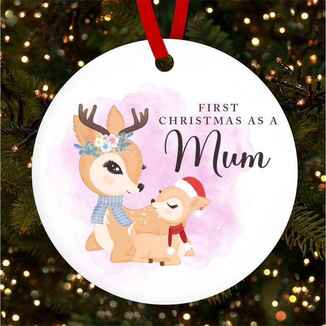 First As A Mum Family Deer Round Personalised Christmas Tree Ornament Decoration