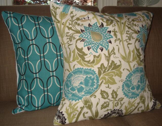 Two New 18x18 Inch Designer Handmade Pillow Cases in Turquoise, Dark Brown, & Two Shades Of Green On Cream - image 1