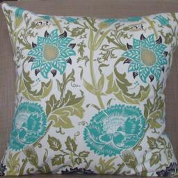 Two New 18x18 Inch Designer Handmade Pillow Cases in Turquoise, Dark Brown, & Two Shades Of Green On Cream - thumbnail 2