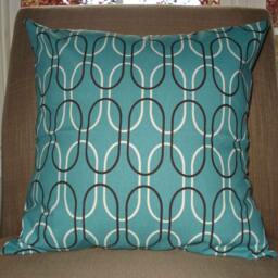 Two New 18x18 Inch Designer Handmade Pillow Cases in Turquoise, Dark Brown, & Two Shades Of Green On Cream - thumbnail 3