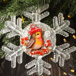 Snowflake Bullfinch Painted Fused Glass Christmas Ornament Cute Holiday Home Decoration Snowbird Personalized Big Colorful Art Gift