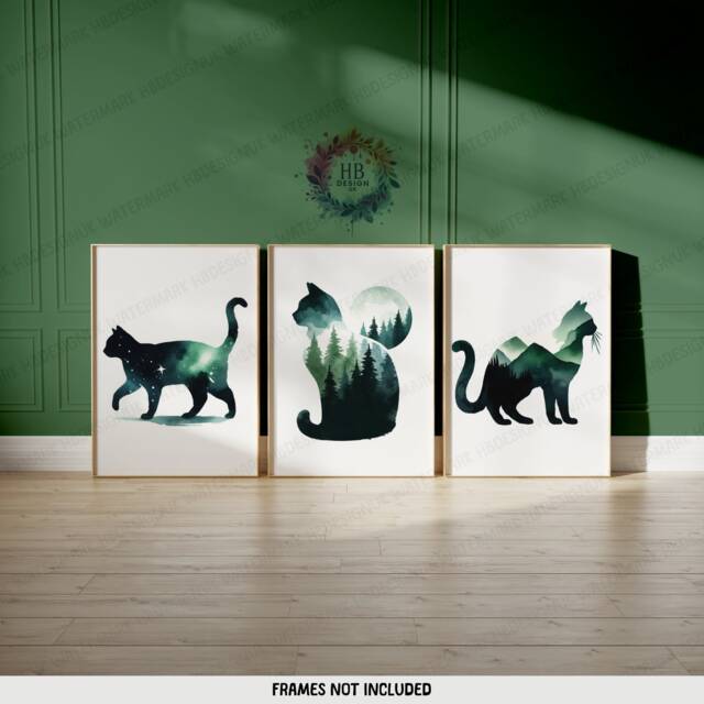 Green Cat Prints - Set Of 3 Abstract Posters - Watercolour Artwork Cats Wall Hanging Home Decor Gift For Lover Vibrant - image 1