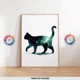 Green Cat Prints - Set Of 3 Abstract Posters - Watercolour Artwork Cats Wall Hanging Home Decor Gift For Lover Vibrant - thumbnail 3