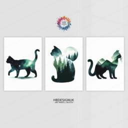 Green Cat Prints - Set Of 3 Abstract Posters - Watercolour Artwork Cats Wall Hanging Home Decor Gift For Lover Vibrant - thumbnail 2