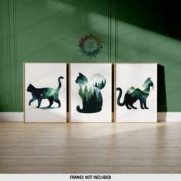 Green Cat Prints - Set Of 3 Abstract Posters - Watercolour Artwork Cats Wall Hanging Home Decor Gift For Lover Vibrant - thumbnail 1