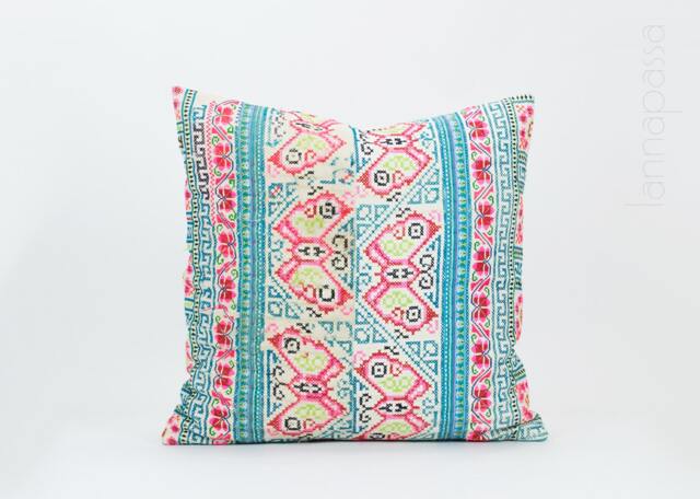 Vintage Hand Embroidered Hmong Pillow Cover Ethnic Floral Cushion, 20x20 - image 1