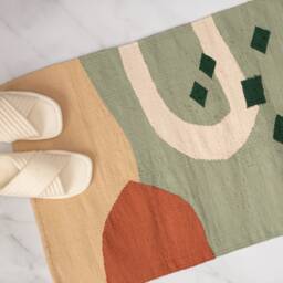 Funky Bathroom Rug Bathmat Set - Colorful Bath Mat Shower Runner Flatwoven Handcrafted Decor Lime Cream Camel Beige Washable