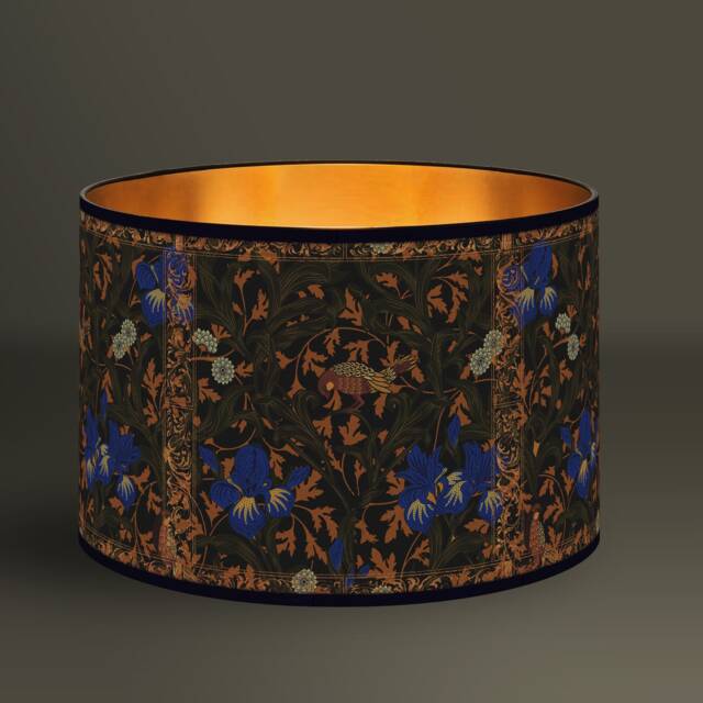 Fabric Cotton Lampshade - Decorative Black Light Fixture With Floral & Animal Motifs in Art Nouveau Style Gold Interior - image 1