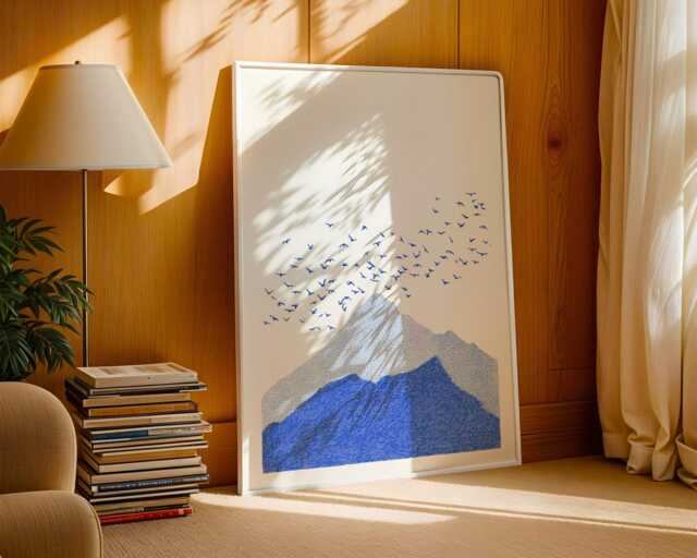 Light Blue Mountain Print Japanese Inspired Wall Art - Minimalist Decor With Birds Modern Nature Landscape Poster Unframed - image 1