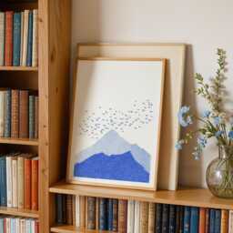 Light Blue Mountain Print Japanese Inspired Wall Art - Minimalist Decor With Birds Modern Nature Landscape Poster Unframed - thumbnail 3