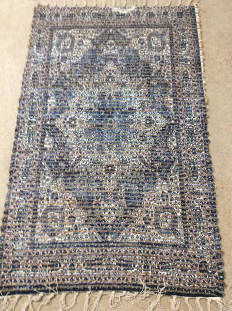 "Beautiful Handmade Jute Chindi Rug, Handmade Rag Boho Hippie Vegan Rug. Colorfull Blue & Jute 49""x28" - image 1