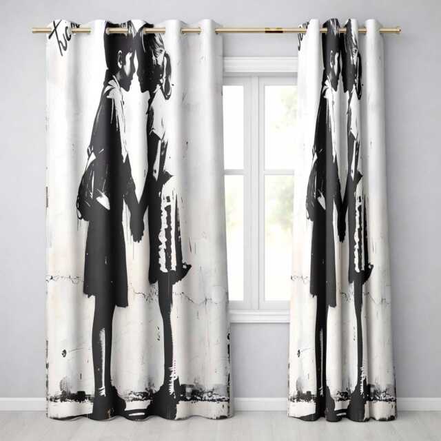 Children Holding Hands Monochrome Street Art Unique Modern Artwork For Home Decor Readymade Eyelet Ring Top Thermal 100% Blackout Curtains - image 1