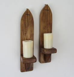 Pair Of Gothic Style Reclaimed Plank Wood Wall Sconce's Candle Holders With Carved Cross/Crucifix - thumbnail 1