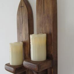 Pair Of Gothic Style Reclaimed Plank Wood Wall Sconce's Candle Holders With Carved Cross/Crucifix - thumbnail 3