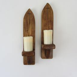 Pair Of Gothic Style Reclaimed Plank Wood Wall Sconce's Candle Holders With Carved Cross/Crucifix - thumbnail 2