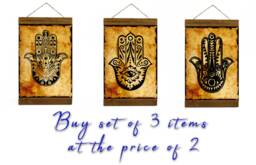 3 X Hamsa Hand Talisman Wood Framed Canvas Print, Kabbalah Judaica Evil Eye Protection Art Housewarming Gift , Judaism Talmud Torah Charm - thumbnail 1