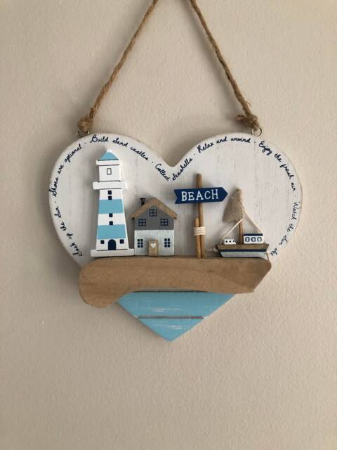 Rustic 3D Seaside Scene Wooden Heart Plaque, Wall Hanging 16cm, Distressed Wood, Lighthouse Scene, Boat, House, Coast - image 1