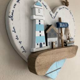 Rustic 3D Seaside Scene Wooden Heart Plaque, Wall Hanging 16cm, Distressed Wood, Lighthouse Scene, Boat, House, Coast - thumbnail 3