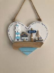 Rustic 3D Seaside Scene Wooden Heart Plaque, Wall Hanging 16cm, Distressed Wood, Lighthouse Scene, Boat, House, Coast - thumbnail 1