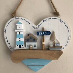 Rustic 3D Seaside Scene Wooden Heart Plaque, Wall Hanging 16cm, Distressed Wood, Lighthouse Scene, Boat, House, Coast - thumbnail 2