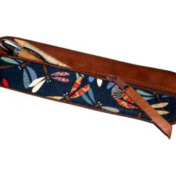 Large Brown Leather Pencil Case Japanese Fabric With Colorful Dragonflies - Tombo Design Base Holds 20 Pens Handmade Elegant Gift - thumbnail 4
