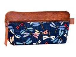Large Brown Leather Pencil Case Japanese Fabric With Colorful Dragonflies - Tombo Design Base Holds 20 Pens Handmade Elegant Gift