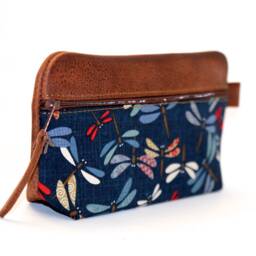 Large Brown Leather Pencil Case Japanese Fabric With Colorful Dragonflies - Tombo Design Base Holds 20 Pens Handmade Elegant Gift - thumbnail 2